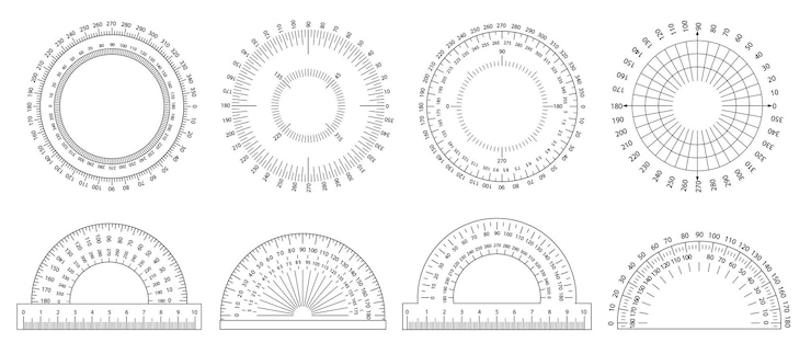 Vetor regra de retracção ferramenta de medição de ângulo escala circular e retractor semicircular com marcas de regra conjunto vetorial de coordenadas de 360 e 180 graus para medir o círculo