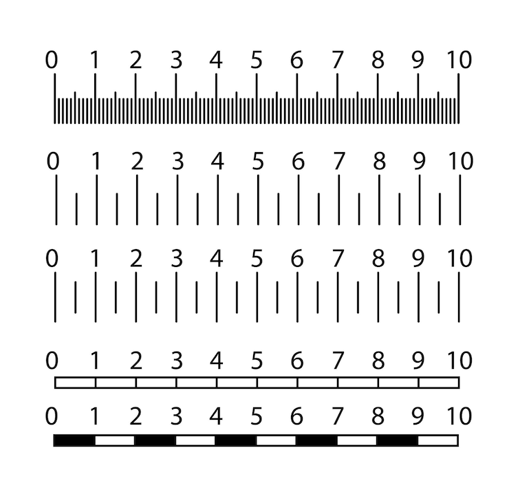 Vetor régua de escala de medição ou métrica de medição de comprimento de escala e diagramas em polegadas