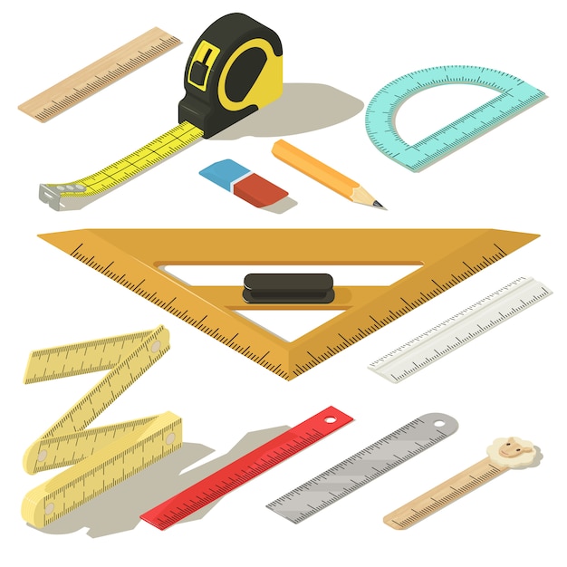 Régua medida lápis conjunto de ícones. ilustração isométrica de 11 ícones de vetor lápis medida régua para web