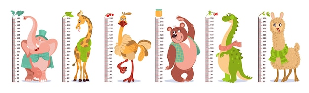 Vetor réguas de crescimento de crianças dos desenhos animados animais bonitos com escalas de medidor de medição de parede elefante engraçado e girafa bebês medição de centímetro de altura urso e avestruz conjunto de estadiômetros de crianças vetor esplêndido