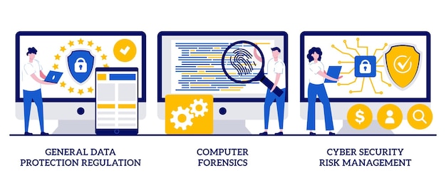 Regulamentação geral de proteção de dados, computação forense, conceito de gerenciamento de risco de segurança cibernética com pessoas minúsculas. conjunto de ilustração vetorial abstrato de segurança e controle de informações.