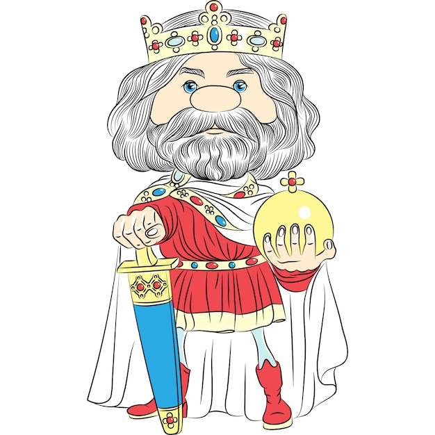 Vetor rei dos desenhos animados carlos o primeiro da coroa, com a espada e o cruciger globus