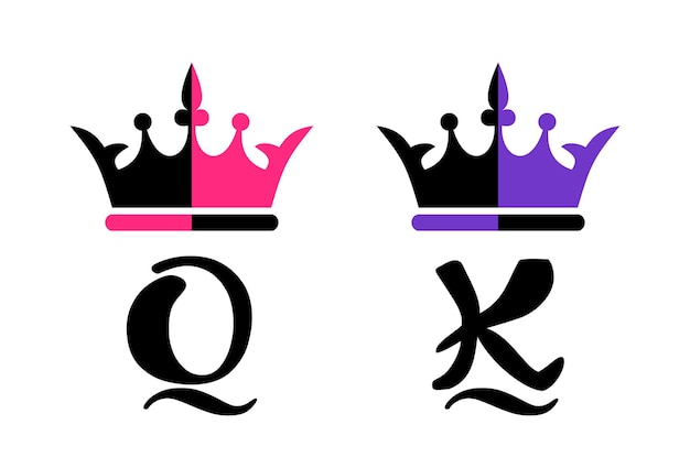 Rei Rainha coroa sinal de caligrafia violeta rosa preto K e Q Alphabet Letter.Tattoo couple design.DIY