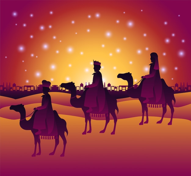 Reis magos viajando na cena do natal no deserto