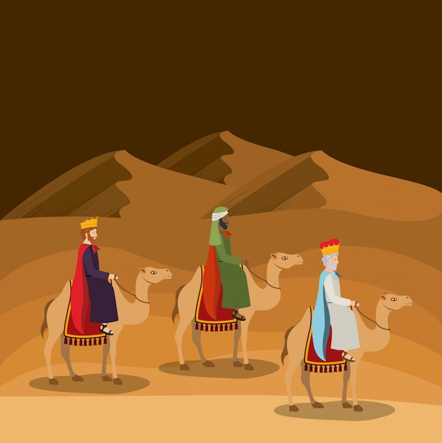 Vetor reis magos viajando na cena do natal no deserto
