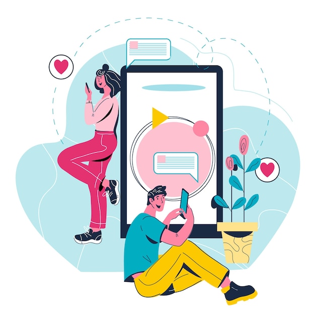 Vetor relacionamentos virtuais e bate-papo na internet - homem e mulher usando telefone celular para conversar e enviar mensagens. ilustração em vetor dos desenhos animados em estilo moderno isolado.