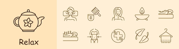 Vetor relax set ícone cerimônia de chá chá massagem facial acupuntura creme óleos cabelo saudável e forte aroma vela terapia de pedra toalha perda de peso cruzar medicina tradicional conceito de sauna