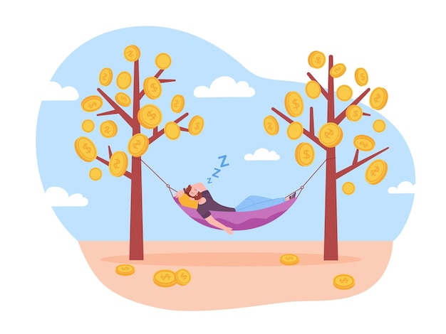 Relaxando na árvore do dinheiro funcionário independente ou homem de negócios relaxa na rede freelancer descansando e ganhando dinheiro em dólar investimento na internet ilustração em vetor liberdade financeira