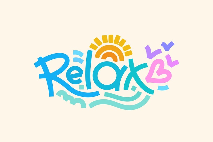 Vetor relaxe a palavra motivacional do cartão horizontal com o modelo de composição de corações e ondas do sol para