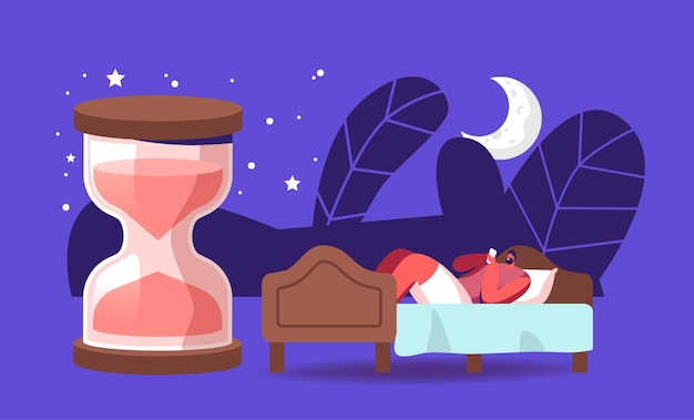 Vetor relógio biológico, sonho noturno, sesta, hora de dormir. jovem sofre de insônia não consegue dormir. personagem masculino relaxante deitado no apartamento com enorme ampulheta, depois do trabalho. ilustração em vetor de desenho animado