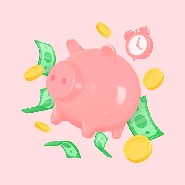 relógio de alarme 3d banco piggy moedas de ouro e notas de dólar em voo ilustração vetorial realista o conceito de acumulação investimento gestão do dinheiro pagamento para compras empréstimos