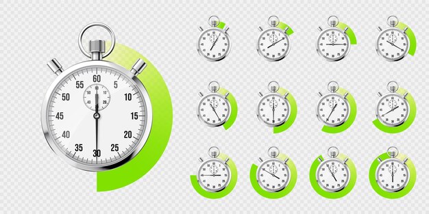 Vetor relógio de cronometro clássico realista cronômetro de metal brilhante contador de tempo com relógio de contagem regressiva verde