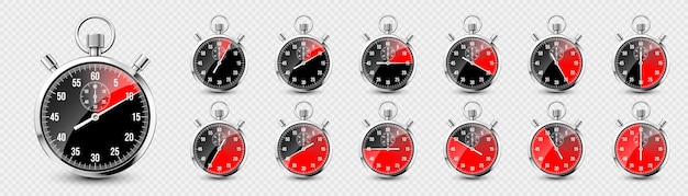 Vetor relógio de cronometro clássico realista cronômetro de metal brilhante contador de tempo com relógio de contagem regressiva vermelho