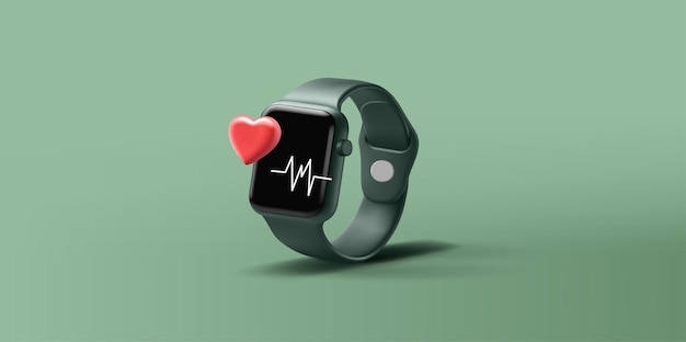 Vetor relógio de fitness inteligente ilustração de renderização 3d com linha de cardio de frequência cardíaca e pulseira verde coração 3d