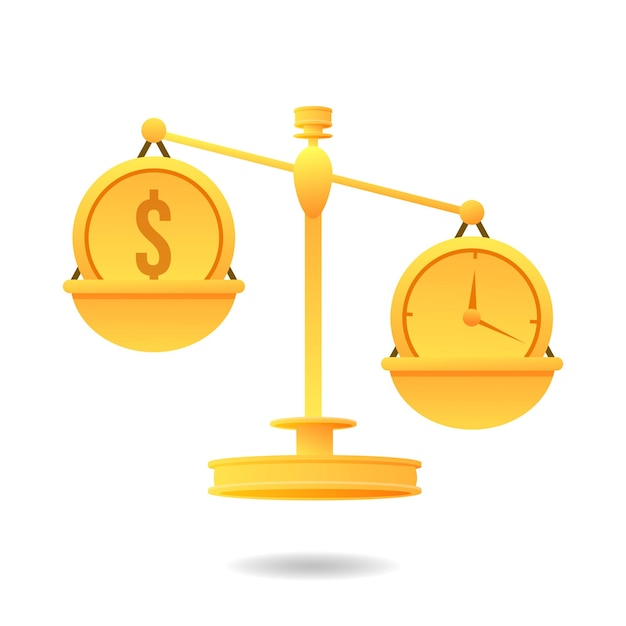Relógio de negócios de ouro mais pesado e dólar em escala Tempo é dinheiro, conceito, equilíbrio, relógio e ilustração vetorial de dinheiro EPS