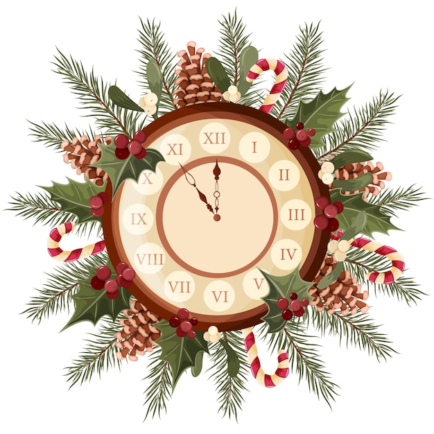 Relógio de parede com uma coroa de ramos de árvore de Natal, cones, folhas de azevinho e visco