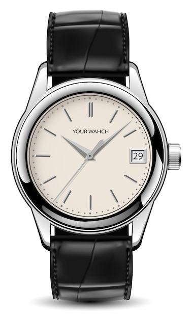 Relógio realista relógio cor creme rosto prata pulseira de couro preto branco design clássico vetor de luxo