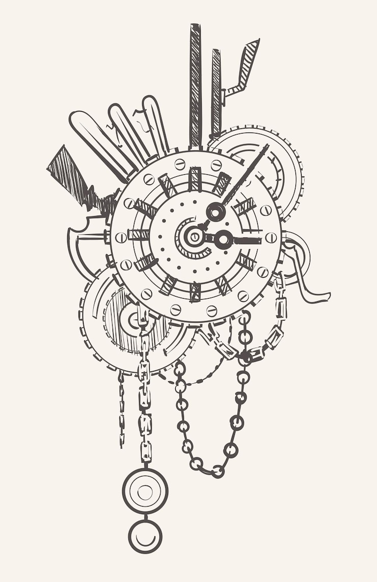 Vetor relógio steampunk com correntes e engrenagens mecânicas