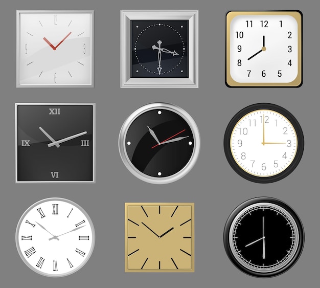 Relógios de parede realistas. relógios redondos e quadrados, relógios de parede clássicos de prata, ouro, relógio analógico. conjunto de ilustração de relógios de parede modernos. disque em molduras e bordas