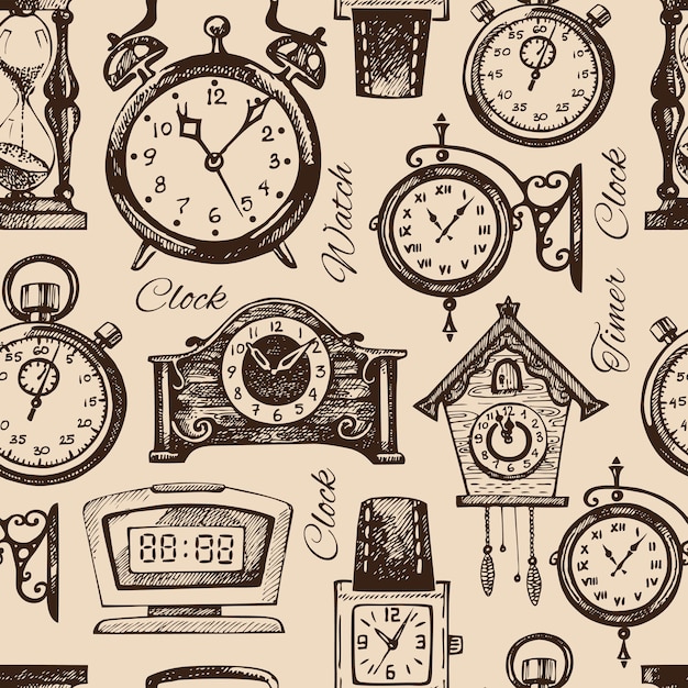 Vetor relógios e relógios desenhados à mão. padrão sem emenda de esboço desenhado de mão vintage. ilustração vetorial