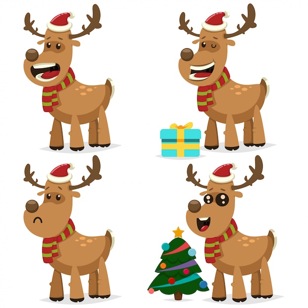 Rena de Natal engraçada no chapéu de Papai Noel com caixa de presente e árvore decorada festiva. Conjunto de caracteres de desenho de vetor de veado bonitinho para design de férias