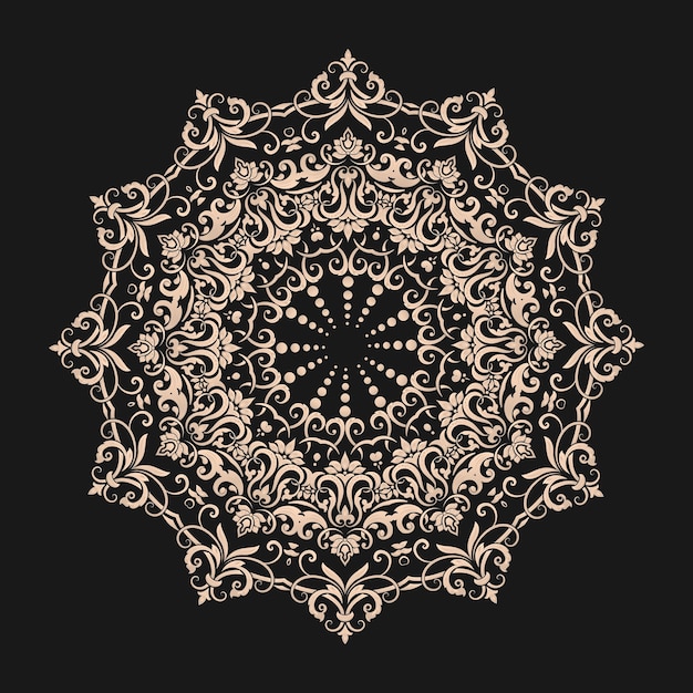 Renda redonda ornamental vetorial com elementos de damasco e arabesco. Estilo Mehndi. Oriente ornamento tradicional. Ornamento floral colorido redondo tipo Zentangle.