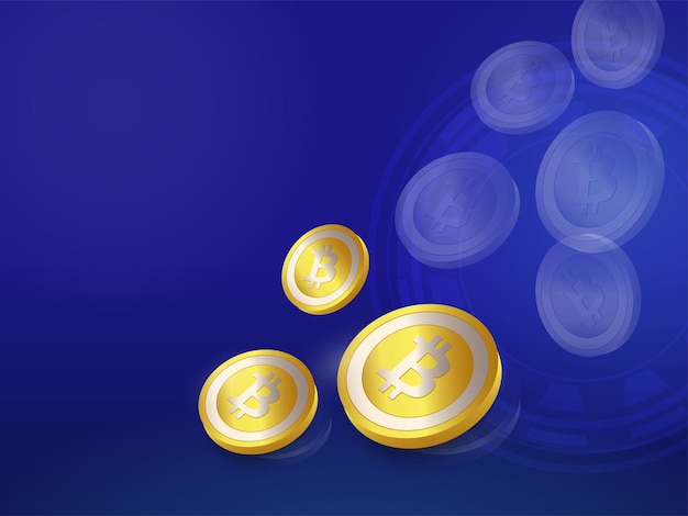 Renderização 3d bitcoins dourados sobre fundo azul.