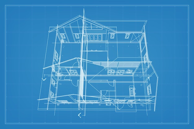 Vetor renderização 3d da construção de estrutura de wireframe perspectiva wireframe da casa