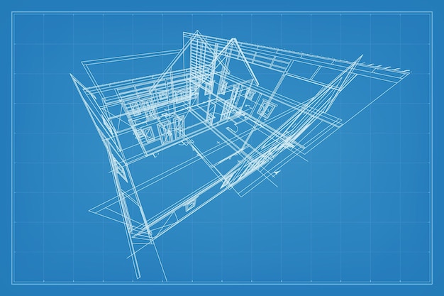 Vetor renderização 3d da construção de estrutura de wireframe perspectiva wireframe da casa