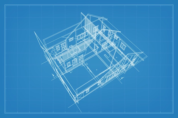 Vetor renderização 3d da construção de estrutura de wireframe perspectiva wireframe da casa