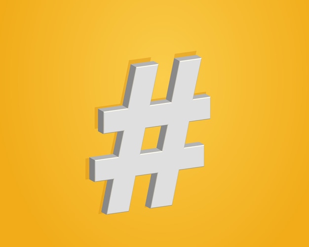 Vetor renderização 3d de símbolo de hashtag mínimo em fundo amarelo