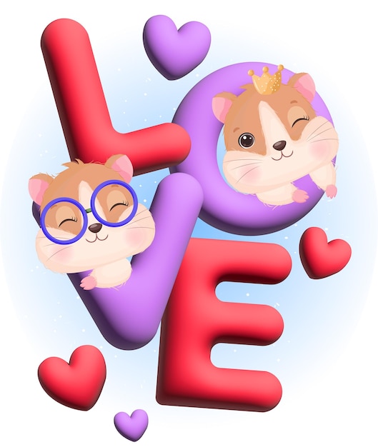 Vetor renderização 3d de texto de amor isolada com hamster adorável