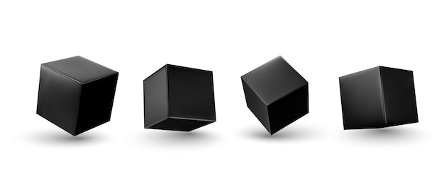 Renderização 3d do cubo preto. definir bloco quadrado. realista isolado em um fundo branco. ilustração vetorial
