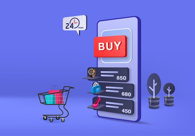 Renderização 3d para venda, compras online e-commerce, mobile ecommerce