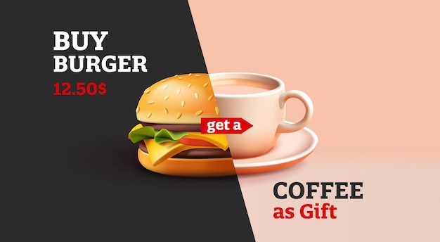 Vetor renderização 3d realista de banner de fast food com hambúrguer e caneca de café combinados em uma imagem preço de oferta de menu especial