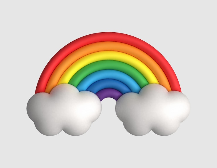 Vetor renderização em 3d de arco-íris e nuvens estilo de desenho animado bonito em fundo cinza