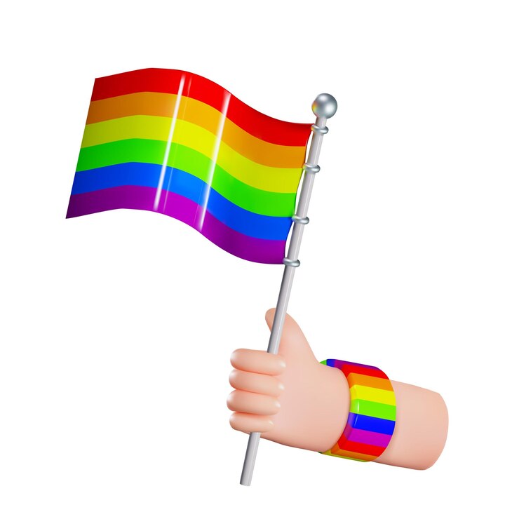 Renderize 3d de uma mão com uma pulseira segurando um orgulho e uma bandeira lgbt em cores iridescentes Vetor