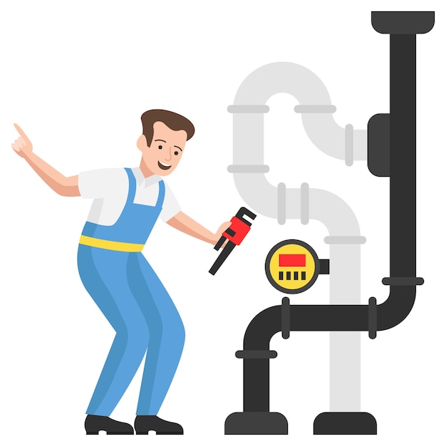 Vetor reparação de tubos industriais, trabalhador da indústria à procura de medidor de fluxo de gás, ilustração de técnico sanitário