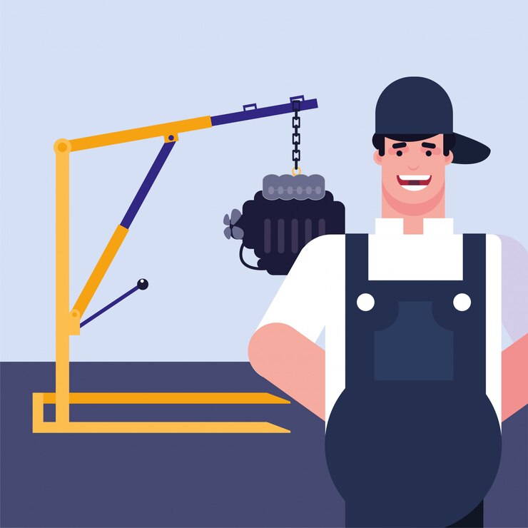 Vetor reparador com overol na garagem