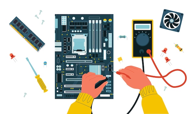 Vetor reparo do computador solução de problemas e manutenção do circuito elétrico com recuperação de componentes de hardware semicondutor do testador ilustração vetorial