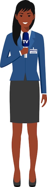 Repórter de imprensa de mulher afro-americana em pé sorridente de terno com ícone de personagem de microfone