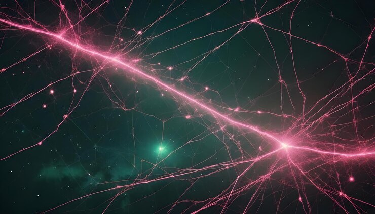 Vetor representação abstrata de neurônios ou redes neurais com linhas brilhantes cor-de-rosa conectando nós em um fundo estrelado escuro