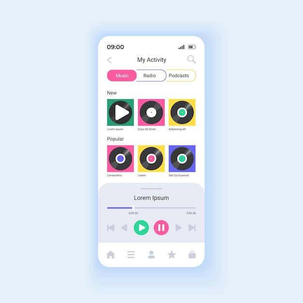 Reprodução de álbuns de música e listas de reprodução modelo de vetor de interface de smartphone. Desfrute de áudio sem perdas. Layout de design da página do aplicativo móvel. Tela de transmissão de qualidade de escuta. UI plana para aplicação. Display do telefone