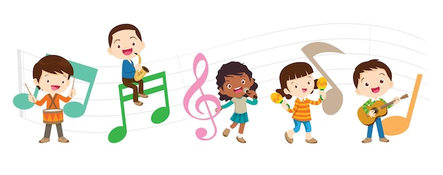 Reproduzir o conceito de música de crianças em grupo com instrumentos musicais, músico infantil bonito, vários