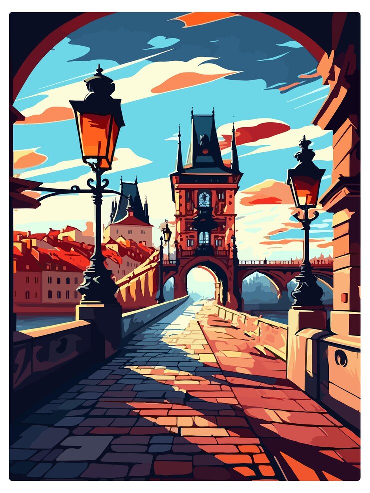 Vetor república checa praga poster de viagem vintage souvenir cartão postal retrato pintura ilustração wpa