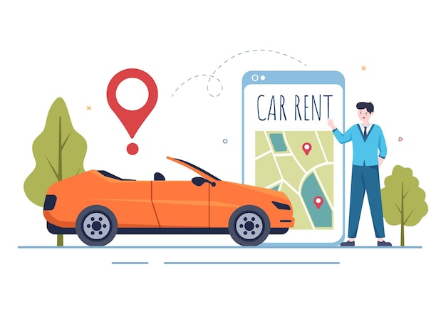 Reserva de reserva e compartilhamento de aluguel de carros usando a ilustração do aplicativo móvel de serviço
