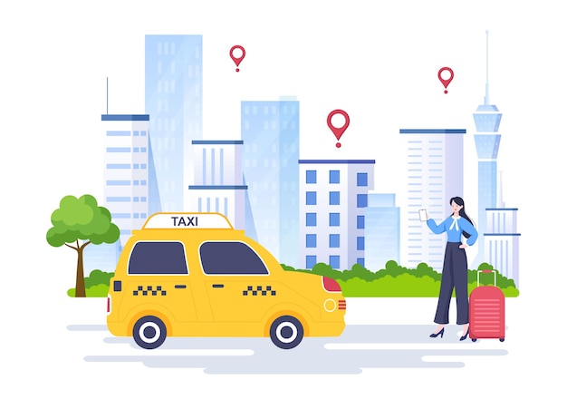 Reserva de táxi online serviço de viagens ilustração de design plano via aplicativo móvel no smartphone leve alguém a um destino adequado para papel de parede, pôster ou banner