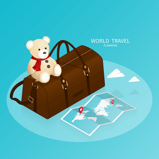 Reserva on-line isométrica, mapa do mundo de passaporte, vetor de viagens de plano de viagem