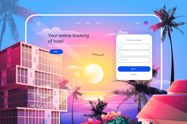 Reserva online de ilustração em vetor modelo de página de destino de hotel