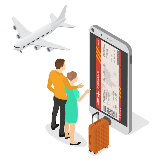 Reserva online de passagens aéreas e viagens. cartão de embarque eletrônico móvel no isométrico. alguns turistas. o avião e a mala. ilustração vetorial.